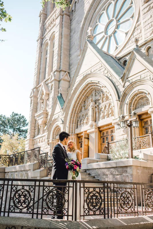 Bride and groom in catholic church in Salt Lake City, Utah