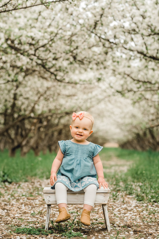 Child in apple orchard with blossoms