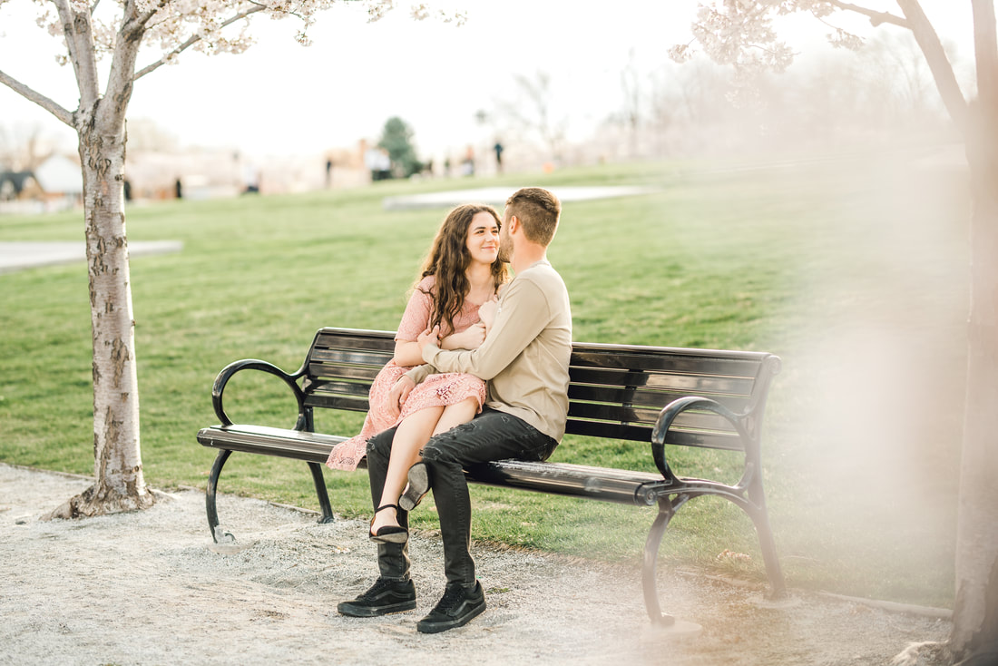 Utah state capitol engagement photos with cherry blossoms