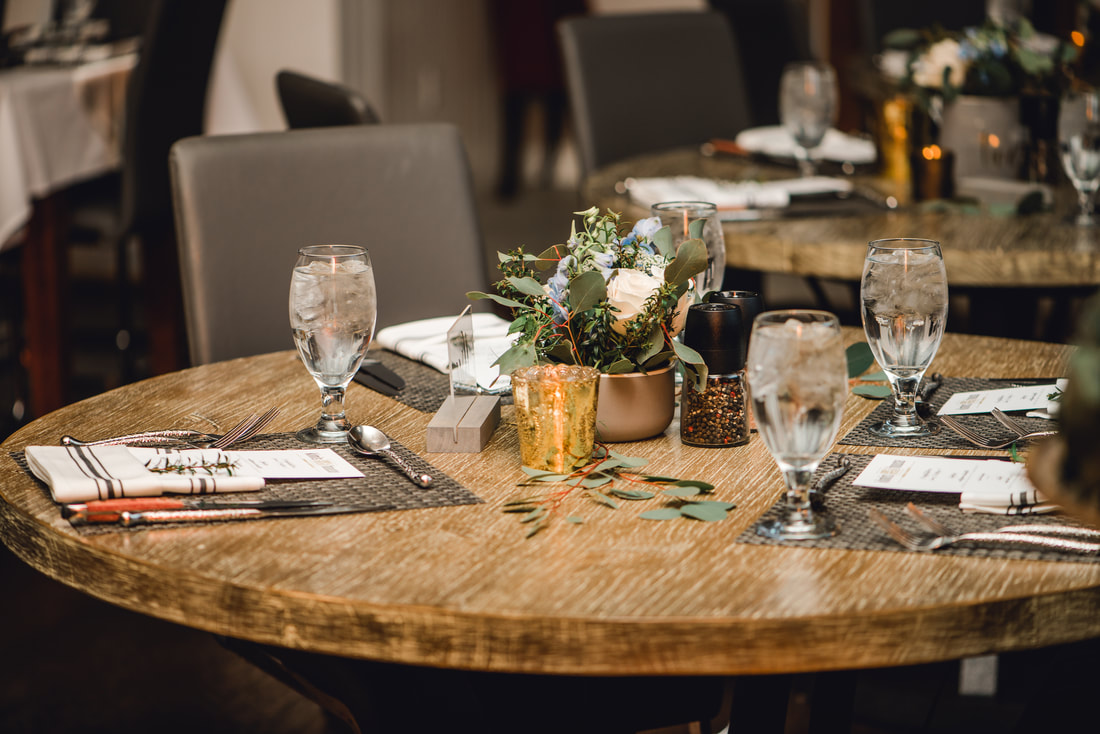 Rustic table settings for wedding luncheon a local Utah bar