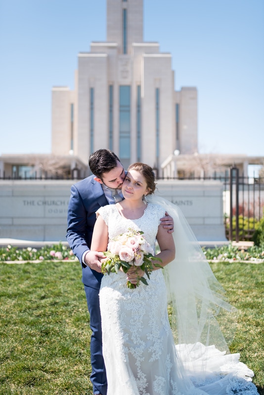 Bride and Groom in front of Oquirrh Mountain Temple